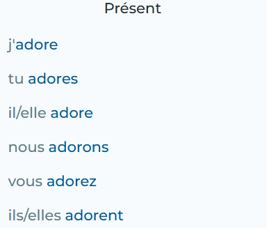 <p>to adore; regular er; passe compose: avoir adoré </p>