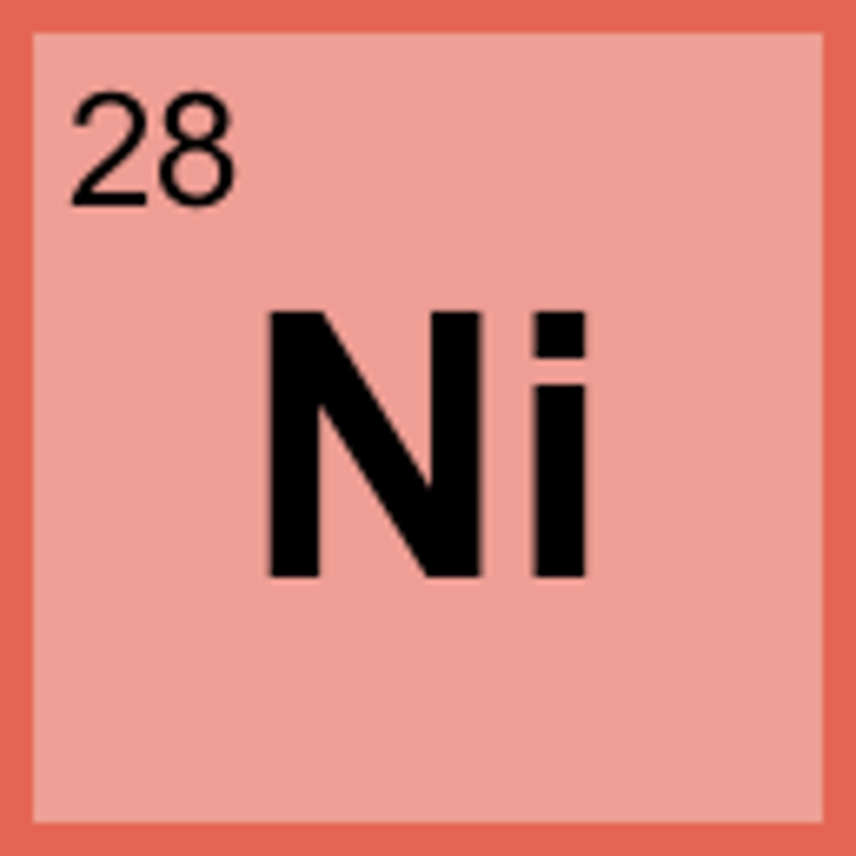 <p>Symbol: Ni<br>Atomic Mass: 58.69<br>Atomic Number: 28</p>