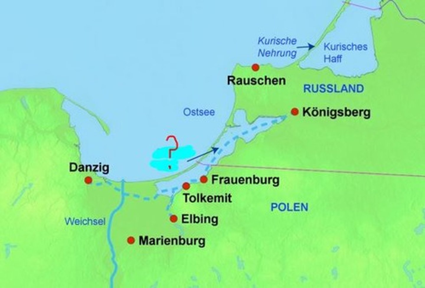 <p>The Haff coastline was formed by the flooding of the coast, creating a lake just behind the cliff. This leaves a thin strip of land between the lake and the sea.</p>