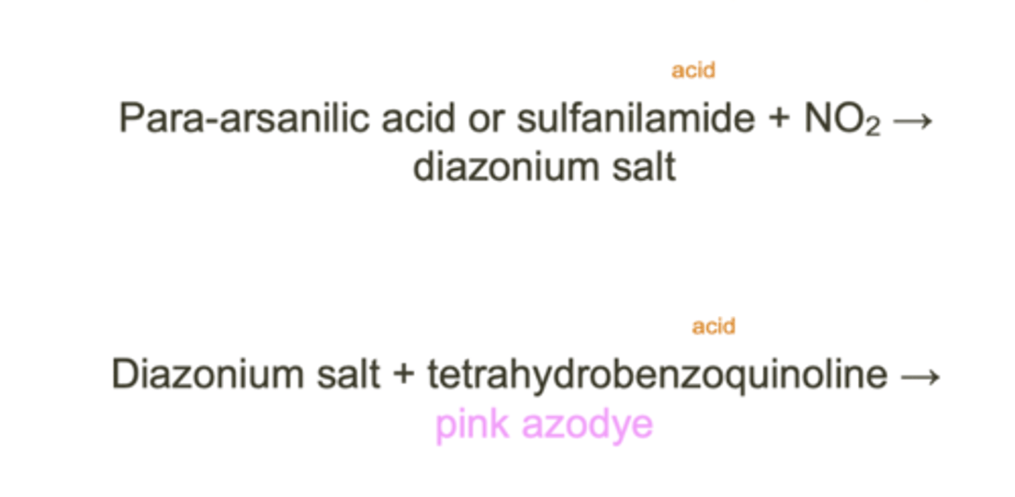 <p>If nitrites are present, they will react with an aromatic amine</p><p>embedded in the pad to form a diazonium salt. The diazonium salt will then react with another aromatic compound in the pad to form a colored (pink) azo-dye compound</p>