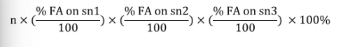 <p>Depending on how many different fatty acids are in the triacylglycerol, n can change:</p><p></p><ul><li><p>Only one (e.g. LLL): n = 1</p></li><li><p>Two (e.g. LLO): n = 3</p></li><li><p>Three (e.g. SLO): n = 6</p></li></ul><p></p>