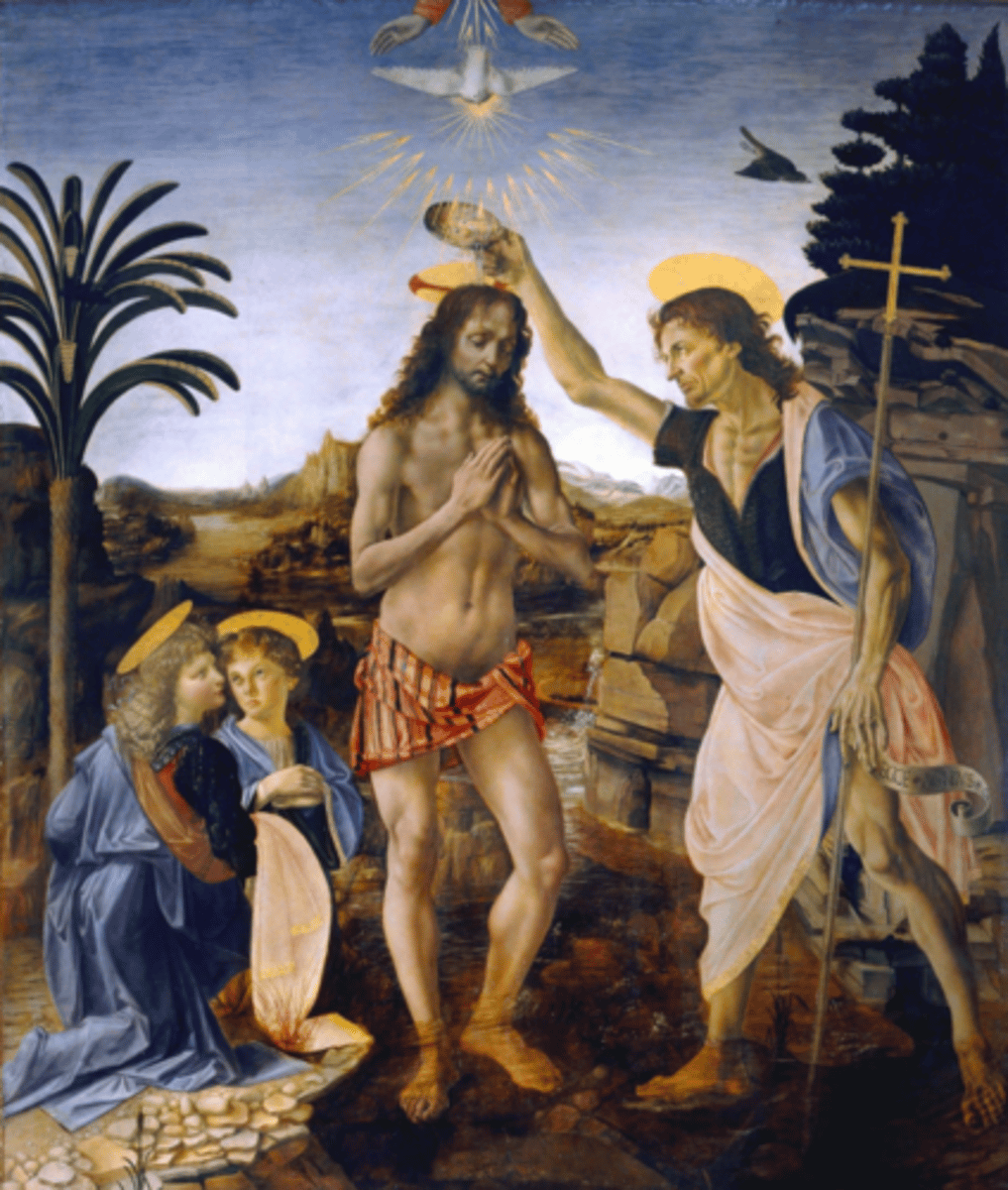 <p>1472-1475. Tempura and oil on panel. Uffizi Galleries, Florence, Italy.</p><p>- Leonardo's presence is most prominently in the left-most angel, demonstrating a careful understanding of light and shade.</p>