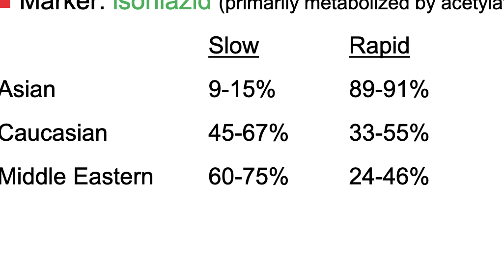 <ul><li><p>acetylation activity is bimodally distributed in human populations</p><ul><li><p>classified as either slow or rapid acetylators</p></li><li><p>marker = <strong>isoniazid</strong> (primarily metabolized by acetylation)</p></li></ul></li><li><p>most asians are rapid acetylators</p></li><li><p>a little more of caucasians are slow but pretty even</p></li><li><p>more middle easterns are slow acetylators</p></li></ul><p></p>