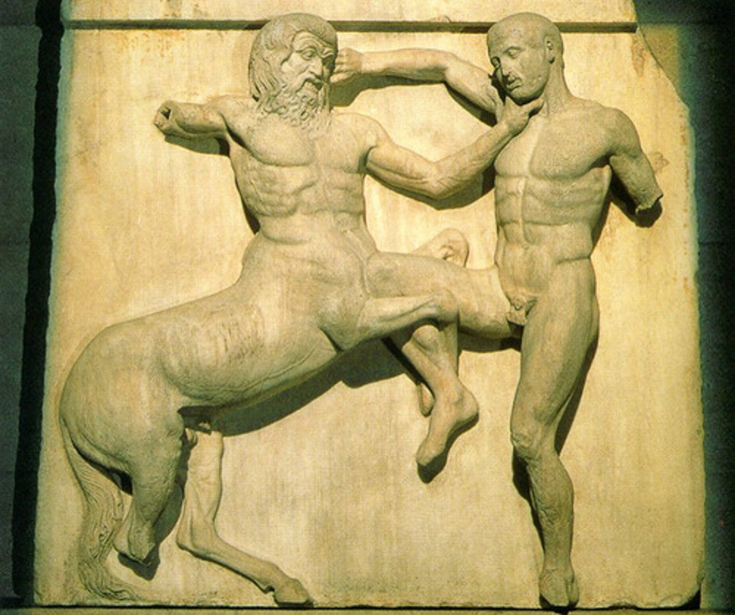 <p>- Good vs Evil</p><p>- Metaphor for the destruction caused by the Persians &amp; their barbarism</p><p>- Centaurs represent the animalistic Persians; grotesque face: he is ruled by his emotions</p><p>- Centaur grabs lapith by his throat; lapith remains expressionless and calm &amp; in control</p>