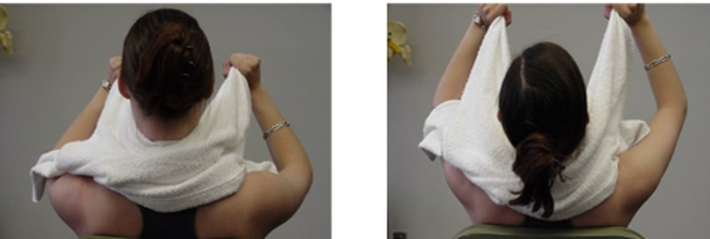 <p>SNAGS - self-techniques: </p><p>edge of towel around target (lower) vertebra</p><p>Pt must raise arms to follow changing facet planes as they extend into pain free range</p><p>this is home exercise for Pts with ext block</p>