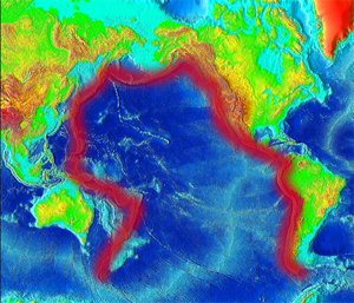 <p>region around the Pacific Ocean where most of the volcanoes and earthquakes on Earth occur regularly</p>