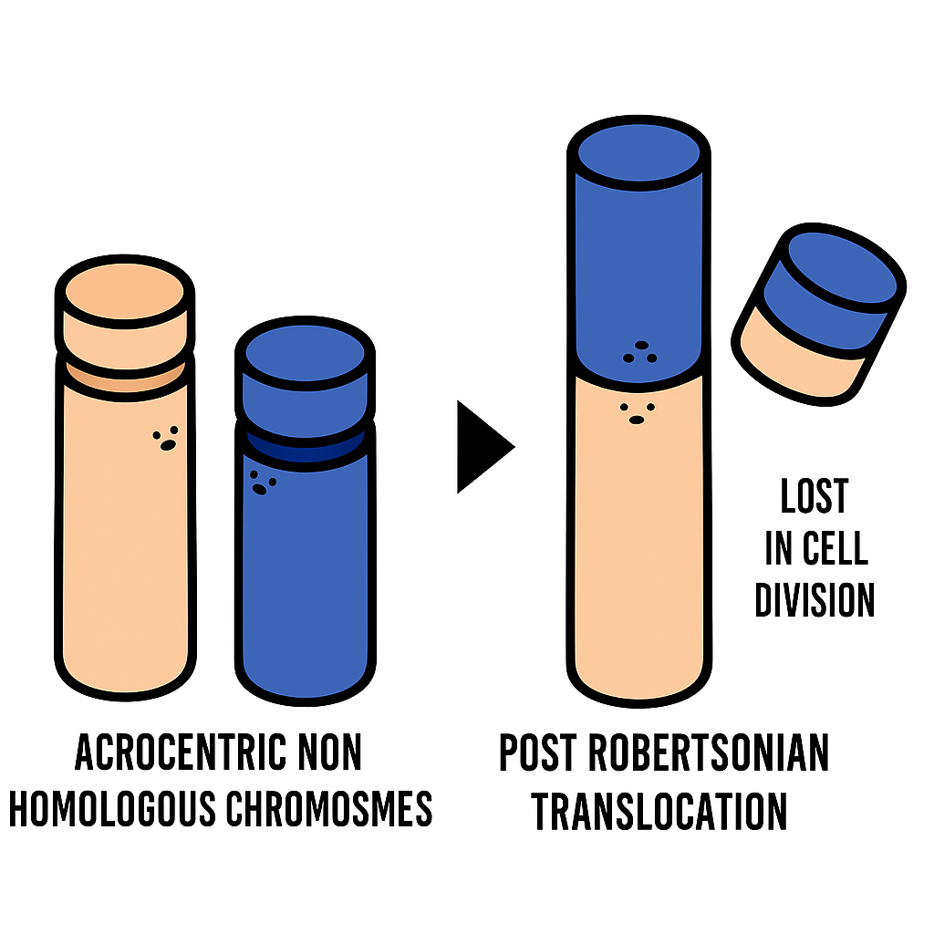 Centromere-to-centromere fusion of two acrocentric chromosomes, usually between non-homologous chromosomes. The short arms of each chromosome also merge but are lost due to lack of centromeres/kinetochores.
