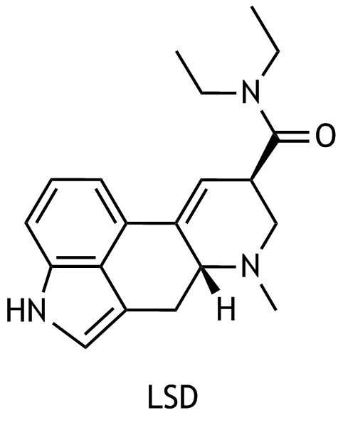 <p>42. LSD, a derivative of tetracyclic lysergic acid, is a psychoactive compound. </p><p>LSD is</p><p>A. Lysergic acid diethylamide</p><p>B. Lysergic acid diethylamine</p><p>C. Lysergic acid diethylammonium</p><p>D. Lysergic acid diethylketimine</p><p>E. Lysergic acid dimethylammonium</p>