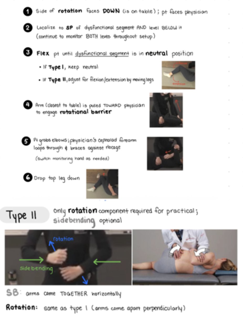 <p>Pt lays on SAME side as rotational component of dysfunction</p><p>pt lying facing physician</p><p>flex to localize to SP of dysfunctional segment AND level below it - monitor both levels throughout set up</p><p>*flex just enough so that the dysfunctional segment is in the neutral position - </p><p>arm closest to table is pulled TOWARD physician to engage ROTATIONAL BARRIER (have pt hold your shoulder to pull them</p><p>pt grabs their elbows, physician loops cephalad arm through (this is the arm monitoring @ SP), brace forearm against ribcage</p><p>caudad forearm placed over greater trochanter </p><p>have pt straighten bottom leg to induce EXTENSION, top leg drops down off table, cepahald to the bottom leg now</p><p>THRUST: IN and rotate</p><p>SB: arms come TOGETHER horizontally</p><p>Rotation: ROTATION: arms come apart PERPENDICULARLY - moving pelvis toward physician with caudad arm, cephalad forearm moves torso slightly forward (AWAY)</p>