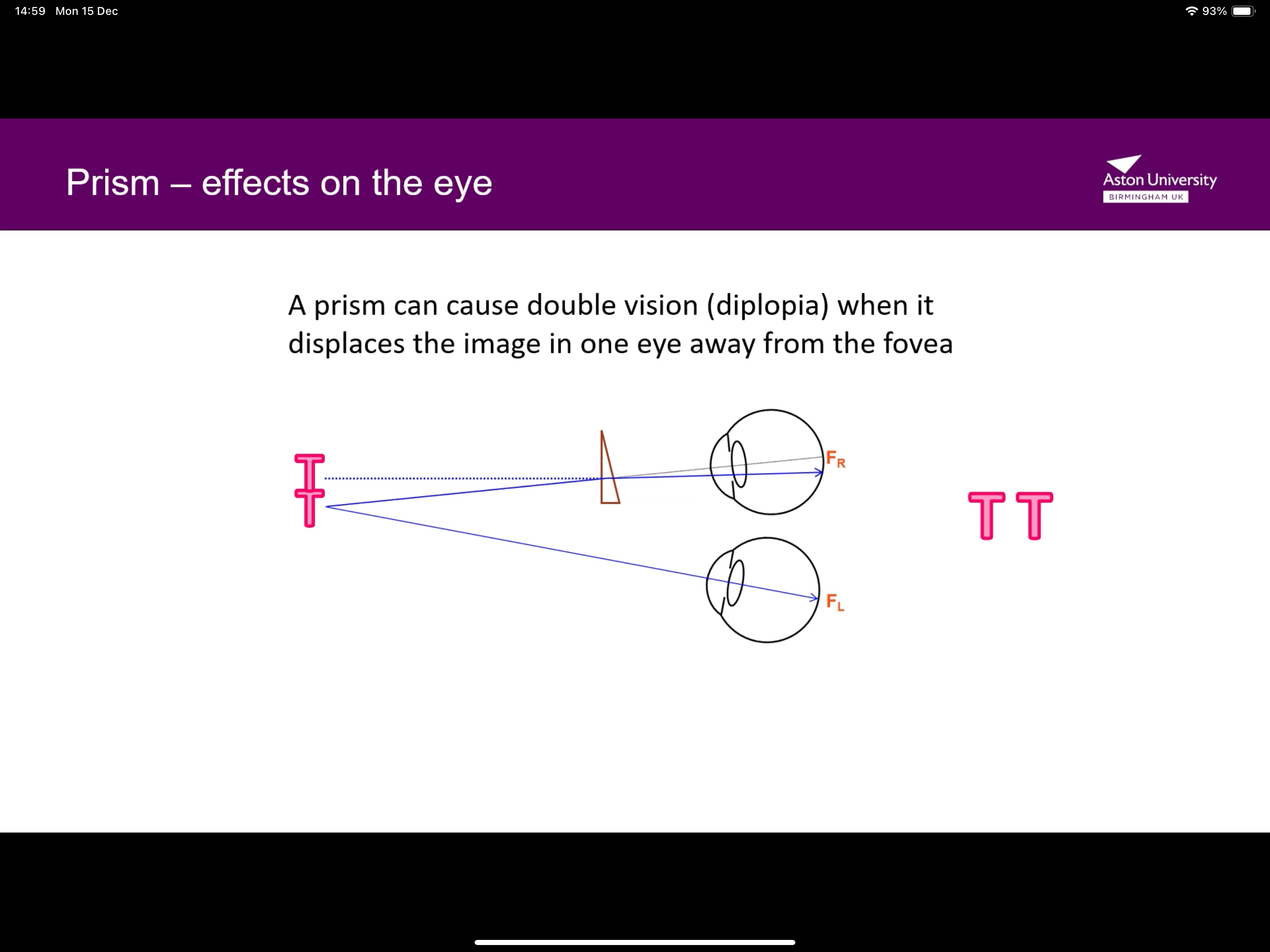 <p>A prism can cause double vision (diplopia) when it displaces the image in one eye away from the fovea</p>