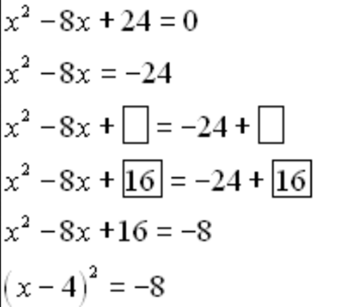 <p>Isolate x^2 + bx on one side, move the number to the other side of the equal sign. Take b, divide by 2, then square the result. Add that number to both side. It will then factor into a perfect square.</p>