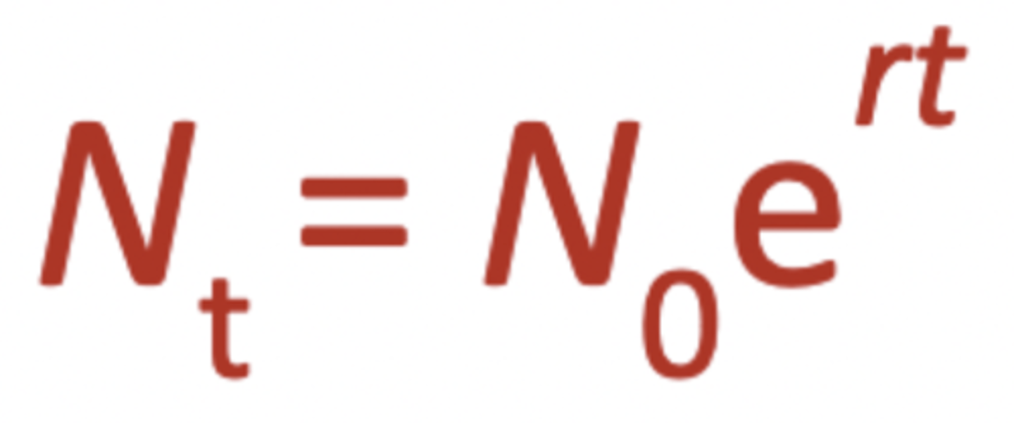 <p>dN/dt = rN. As population size (N) increases, rate of population increase (dN/dt) gets larger</p><p>Integrating both sizes of the equation allows us to calculate the number of individuals at a certain time. This is determined by the initial number of individuals, the per capita rate of increase, and the number of time intervals</p>