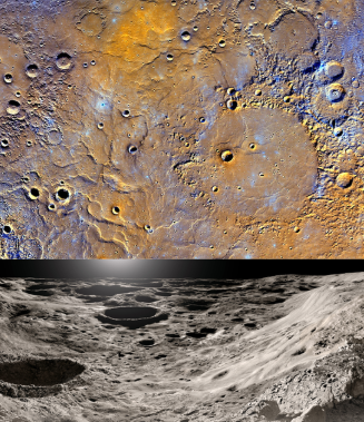 <p>Covered in craters, rays, scarps (steep cliffs), troughs (wrinkles in crust formed from shrinking), & hollows (irregular shaped pits created by volcanic activity)</p>