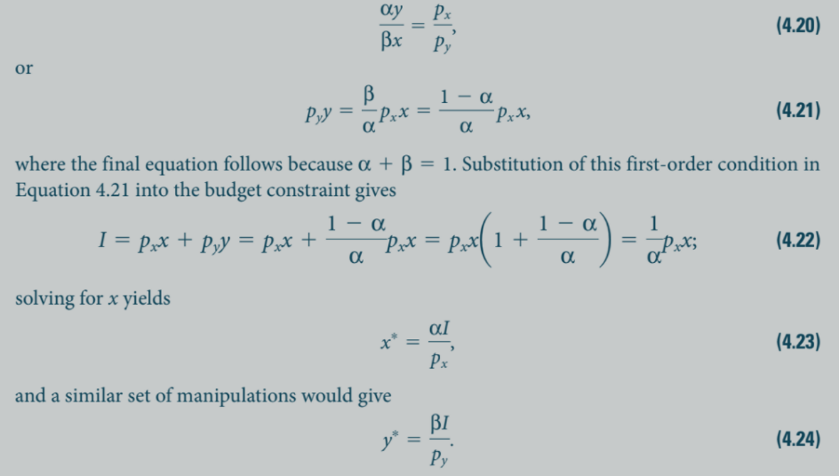 <p>hence x<sup>*</sup> = alpha I/p<sub>x</sub> and y<sup>*</sup> = beta I/p<sub>y</sub> </p><ul><li><p>the individual will allocate fraction alpha of his income to good x and fraction beta of his income to good y </p></li><li><p>these budget shares are constant and demand depends only on income and own price </p></li></ul><p></p>