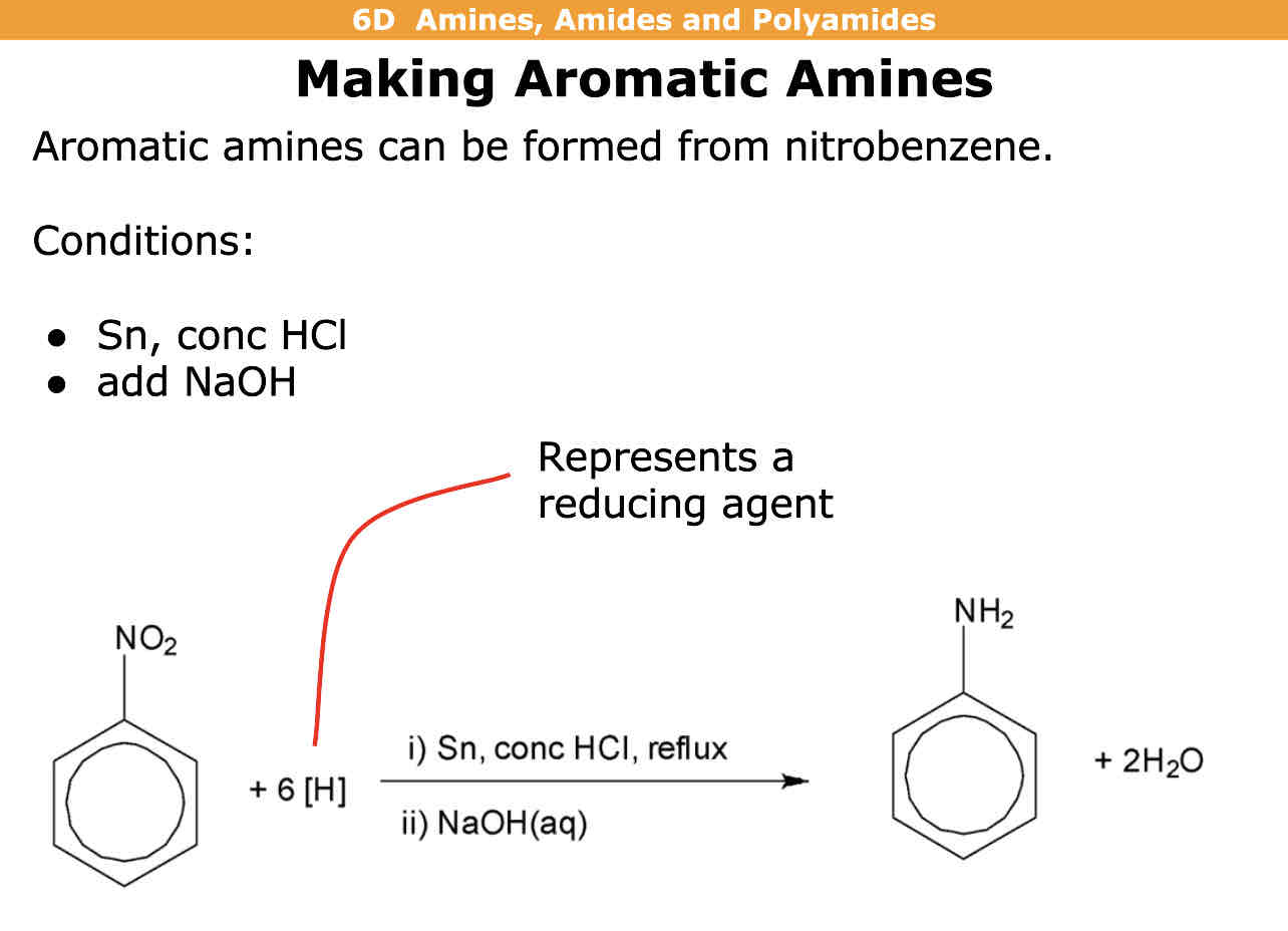 <p>From nitrobenzene and forms amine + water</p><p>Use [H] as reducing agent</p><p>Conditions = Sn(tin) , conc HCl, reflux</p><p>Add NaOH (aq)</p><p></p>