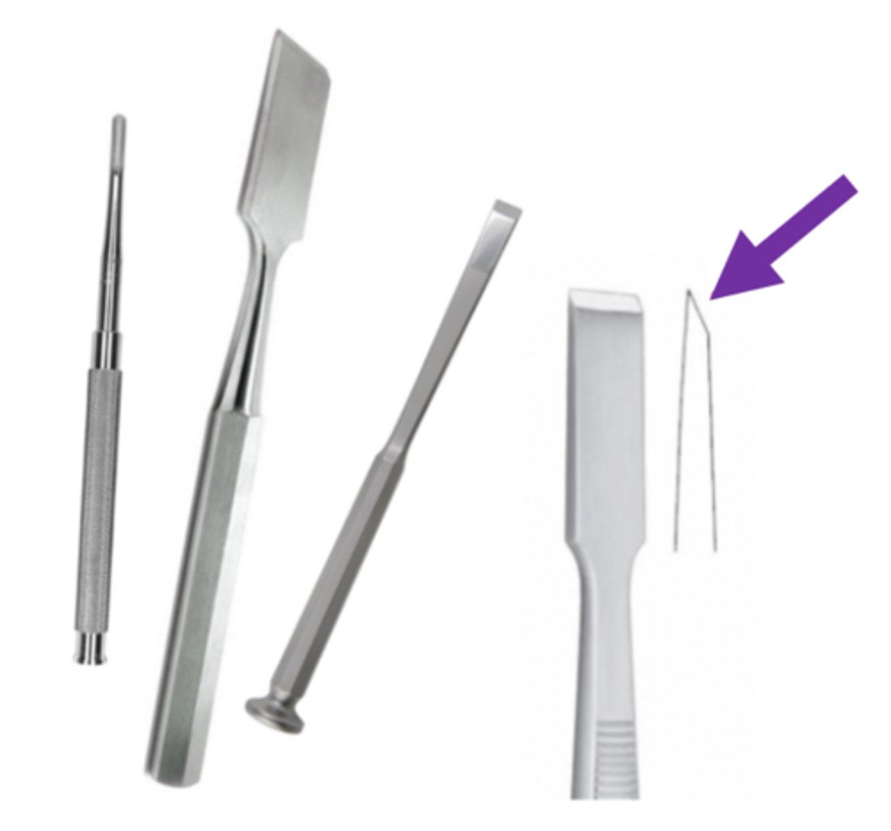 <p>wedge-shaped instruments used to cut or shape bone (400 series)</p>