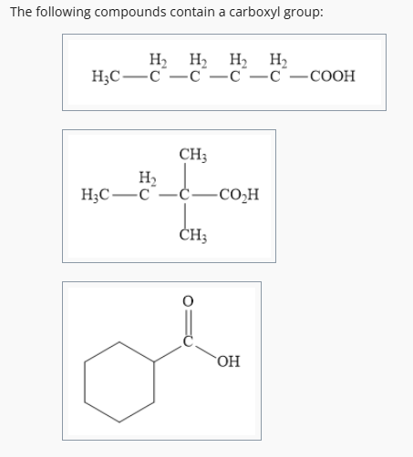 <p>Structures with a -COOH group, characterized by a carbon atom double-bonded to an oxygen atom and single-bonded to a hydroxyl group. Needs to have OH</p>