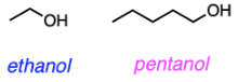 <p>A</p><p><strong>Ethanol</strong><span> and </span><strong>pentanol</strong><span> (shown below) are both primary alcohols that form </span><strong>hydrogen bonds</strong><span> with water. However, the hydrocarbon chains of the two alcohols differ in size, and this directly impacts their solubility in water. A </span><strong>hydrocarbon chain</strong><span> is nonpolar, so it will not interact with water and aggregates with other hydrophobic groups. The larger hydrocarbon chain on pentanol disrupts hydrogen bonding between water molecules and the alcohol, which is energetically unfavorable. Thus, ethanol with its shorter hydrocarbon chain will dissolve better in water.</span></p>