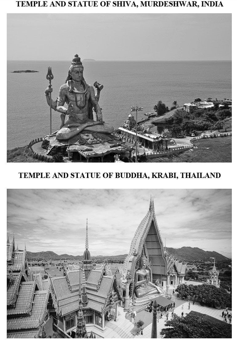 Comparing both photographs each imagine shows the significance of temples, religious statuary, and iconography on the: