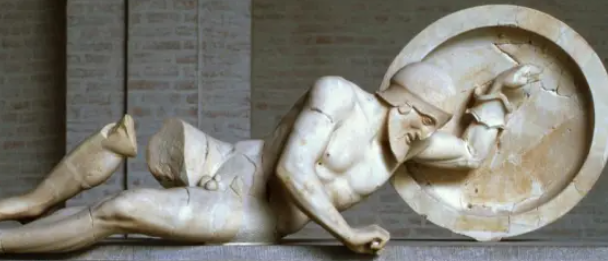 <p>Early and high classical, Greek. West pediment is older (500-490 BCE). East pediment is newer (490-470 BCE). Marble. </p>