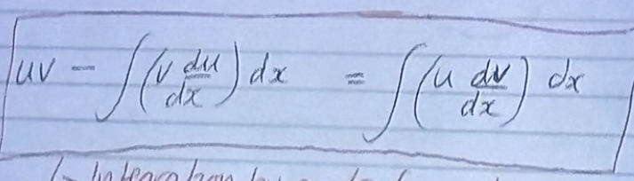 <p>integration by parts </p><p>formula in the formula booklet but also pictured</p>