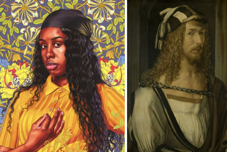 <ul><li><p><span style="background-color: transparent;"><span>Kehinde Wiley: makes real look superficial, we have access to seeing a multitude of surfaces (clothes, face, hair, flowers), the superficial elements look like “real life.”</span></span></p></li><li><p><span style="background-color: transparent;"><span>Wiley has expansive knowledge of art history, and knows that by having a pair of portraits like this, he is tapping into a tradition of painting 2 people in a familial connection.</span></span></p><ul><li><p>Quoting Gerard 1739 mohter-daughter dynamic, and Durers Self-Portrait 1498 in the daughter</p><ul><li><p><span style="background-color: transparent;"><span>A mother and daughter who have a newly casual relationship, especially regarding the clothes that they wear</span></span></p></li></ul></li><li><p><span style="background-color: transparent;"><strong><span>Point of view:</span></strong><span> Wiley’s positionshaves the figures in the paintings looking slightly down on us, so that we feel that these people are important and have real presence in the world</span></span></p></li><li><p><span style="background-color: transparent;"><span>Through this citation, Wiley is telling us he is the Durer of our time, </span><u><span>that he is setting the standard for realism.</span></u></span></p></li><li><p><span style="background-color: transparent;"><strong><u><span>Background: </span></u></strong><span>Background is a remake of the greatest wallpaper ever made: Morris designed wallpaper that instantly became acclaimed for the way in which he adjudicated between the 3D realism of flowers and the 2D usefulness of a flat wall.</span></span></p><ul><li><p><span style="background-color: transparent;"><span>Morris realized there was a realism dial that he could modulate, rendering a wallpaper that looked both truly flat and floral.</span></span></p><ul><li><p><span style="background-color: transparent;"><span>Designed a paper with a regular repeat</span></span></p></li><li><p><span style="background-color: transparent;"><span>Designed a wallpaper that was very symmetrical (not found in nature)</span></span></p></li></ul></li></ul></li><li><p><span style="background-color: transparent;"><strong><span>Demonstrating the artist’s ability to combine flatness and realism: the degree of abstraction and realism is within the artist’s arsenal</span></strong></span></p></li></ul></li></ul><p></p>