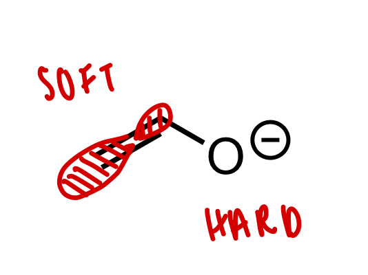 <p>soft at B carbon </p><p>hard at charged O</p>