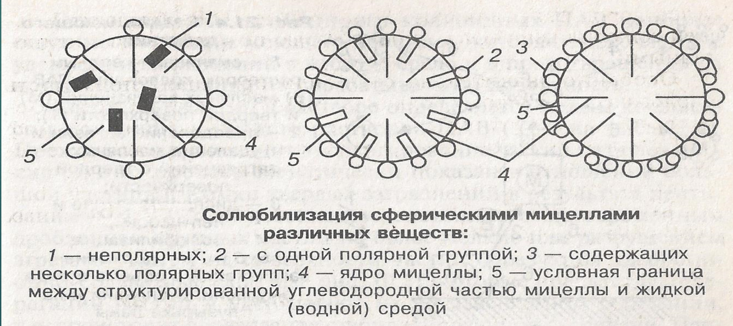 <p><strong><span>Солюбилизацией</span></strong><span> называется растворение в мицеллах ПАВ веществ нерастворимых в данном растворителе.</span></p>