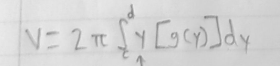 <p>V = 2 pi Scd y (f(y)) dy</p>