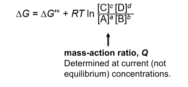 <p><span>ΔG=ΔG′∘+RTln(([A]a[B]b)/([C]c[D]d)​)</span></p>