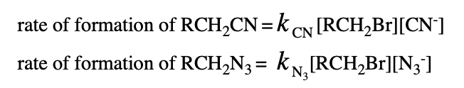 <p>give an equation for the ratio of product for the concurrent reactions described by the equations</p>