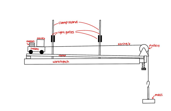 <ol><li><p>set up the equipment as shown in the diagram </p></li><li><p>use the balance to measure the mass of the trolley (w no extra masses added)</p></li><li><p>start with one 0.1kg mass hanging on the end of the string and no masses on the trolley</p></li><li><p>release the trolley from rest and record the time it takes to travel between the light gates (which will be shown on the data logger) as well as the velocity of the trolley at each light gate (also on data logger)</p></li><li><p>add one 0.1kg mass to the trolley and repeat</p></li><li><p>continue adding masses to the trolley until all of the masses are used up (or a reasonable number have been used in order to get comprehensive results), recording the time taken and the velocity at both gates each time</p></li><li><p>calculate the acceleration for each recorded value using a = v-u/t</p></li><li><p>plot a graph of acceleration against mass, which should give a smooth curve showing an inverse relationship between the two variables</p></li><li><p>plot a graph of acceleration against 1/mass, which should give a straight line </p><p></p></li></ol><p></p>