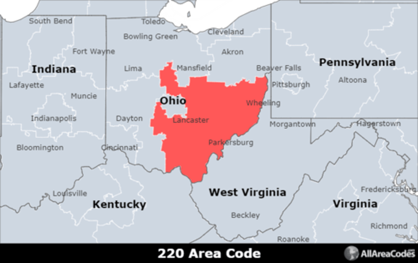 <p>Area code 220 is located in southeastern Ohio and covers Newark, Lancaster, and Marion. It is an overlay for area code 740 and serves the same area.</p>