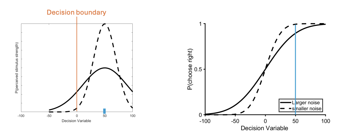 <p>for stimuli with some evidence, the low noise condition is more accurate as it is less likely that perception falls on the incorrect side of the decision boundary</p><p></p><p>area of dashed curve (less noise) to the left of boundary is smaller than area of plain curve (more noise)</p><p>accuracy is higher for low noise and we’re almost always choosing correct decision</p>
