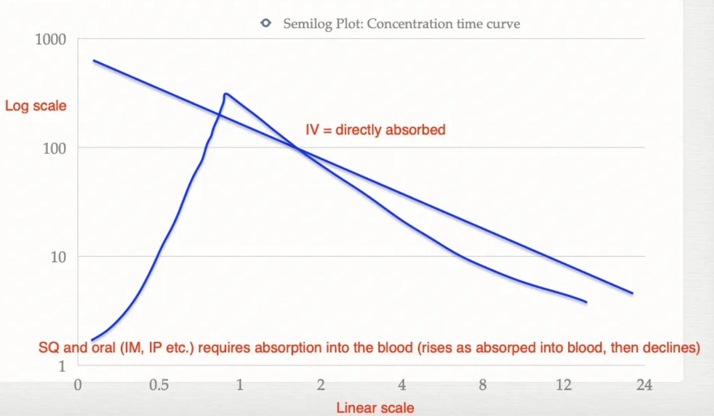 <p><strong>IV</strong> = No absorption as directly into bloodstream → Gradual decreasing concentration (elimination)</p><p><strong>Oral/SQ/IM/IP</strong> = Requires absorption and transport across the epithelium → Gradual increasing concentration (absorption) and then decreasing concentration (elimination)</p><p></p>