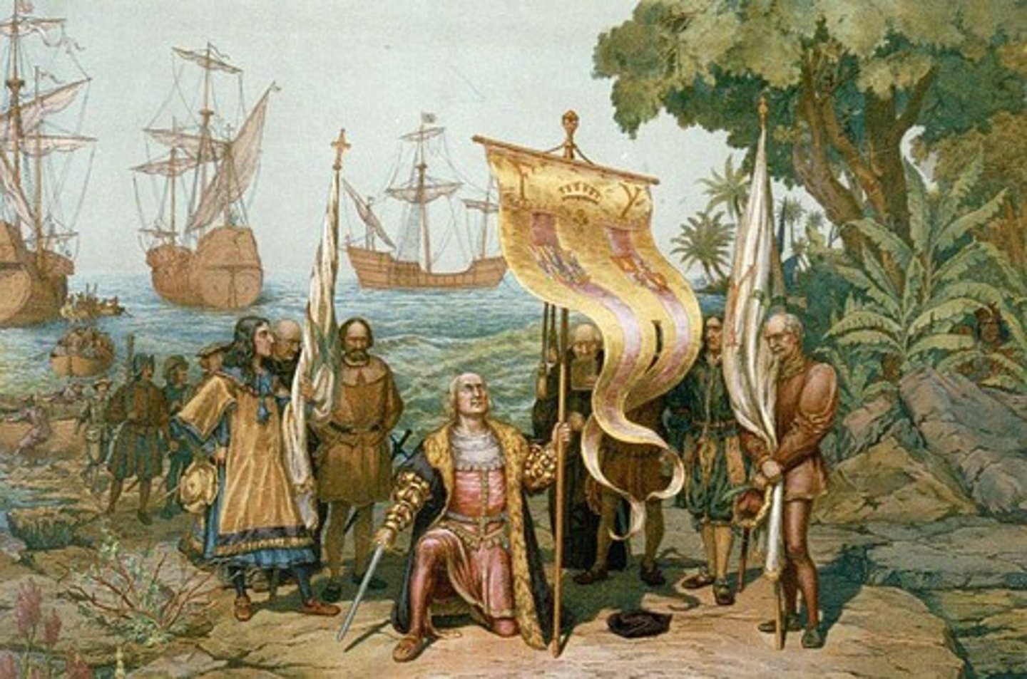 <p>Reaching faraway lands<br>- Christopher Columbus (3 ships)<br>- October 12th landed in Caribbean islands <br>&gt; Thought he landed in the Indies/"Indians"<br><br>Spain and Portugal divide up the world<br>- Treaty of Tordesillas and the Line of Demarcation<br><br>Naming the Western Hemisphere<br>- America<br>- Place where Columbus landed : "West Indies"</p>