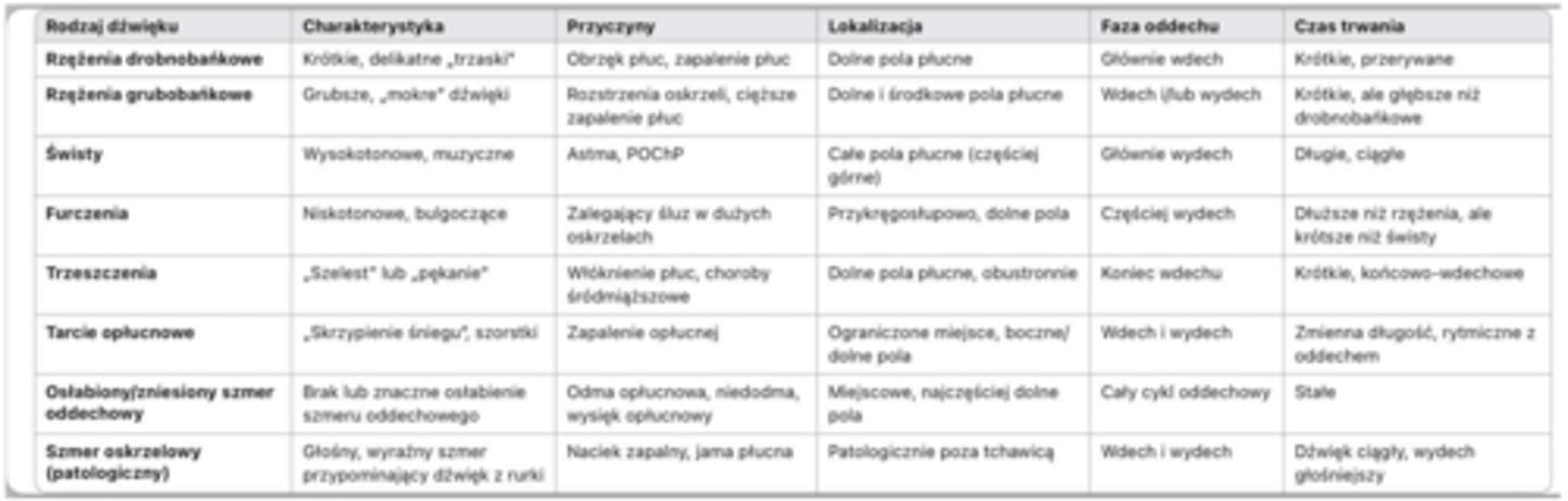 <p>rzężenia drobnobańkowe, rzężenia grubobańkowe, świsty, furczenia, tarcie opłucnowe, trzeszczenia, osłabiony/zniesiony szmer oddechowy, szmer oskrzelowy (patologiczny)</p>