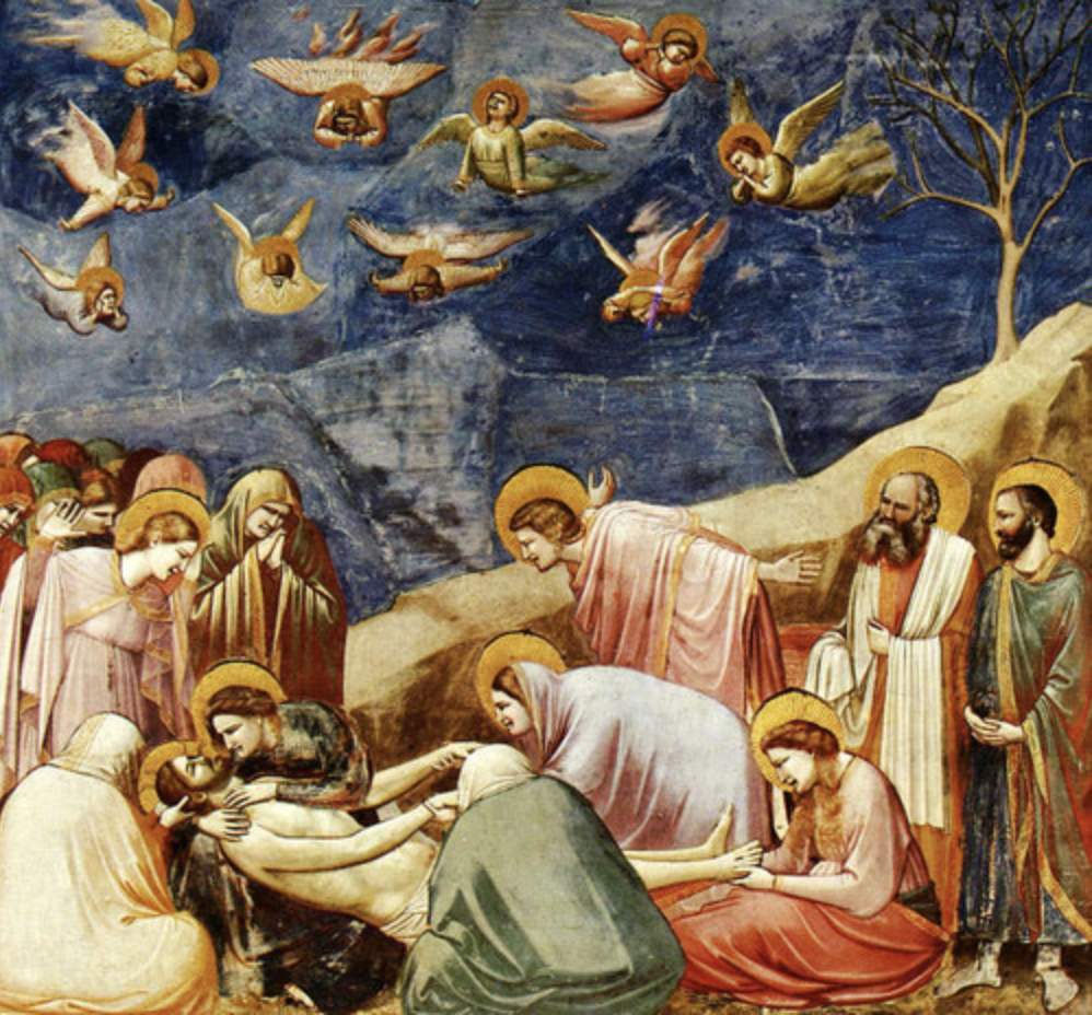 * A part of the bottom row of stories depicted on walls of the chapel
* Still shows jesus as the most important figure, but in ways that are different from Medieval techniques (not having him be large, but everyones looking at him, perspective of hill/wall leads to christs head which guides out eyes, everyone is very emotional towards him)
* Christs body seems heavy
* Creates ability for viewer to be put in the scene (by little space between the two guys by christs head or by having the people's backs be turned towards the person so they could imagine themselves as the figures)