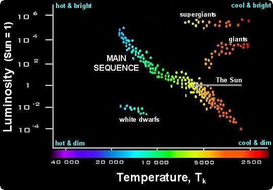 <p>uses star characteristics such as mass, colour, temperature, and luminosity and sees relationships between the differences </p><ul><li><p>main sequence stars: range in temperature/luminosity/size; stretch diagonally across an HR diagram</p></li><li><p>red supergiants: have low temp, but high luminosity; located top right corner of diagram</p></li><li><p>red giants: located upper right: smaller mass, low lumonisty</p></li><li><p>white dwarfs: hot, dense, small, faint; lower left corner </p></li></ul>