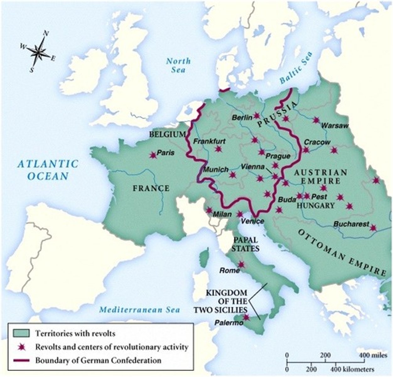 <p>50. The revolutionary activities that took place during 1848 in the locations shown on the map were primarily an expression of the social, economic, and political perspectives of:</p><p>a) nationalism and liberalism</p><p>b) Enlightenment rationalism</p><p>c) romanticism and progressivism</p><p>d) Marxist communism</p>