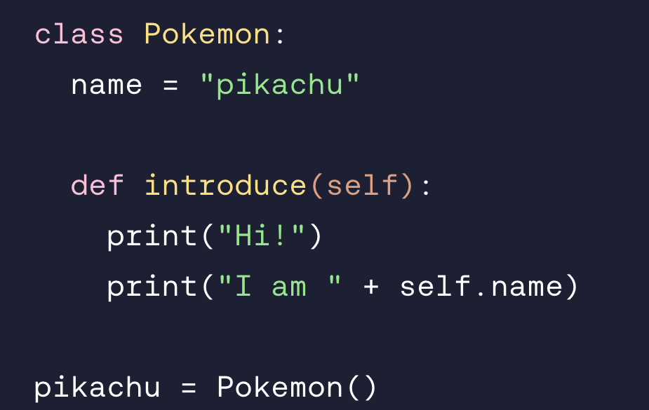 <p>Access and call the method  i⁠n⁠t⁠r⁠o⁠d⁠u⁠c⁠e⁠  using the class instance  p⁠i⁠k⁠a⁠c⁠h⁠u⁠ .</p>