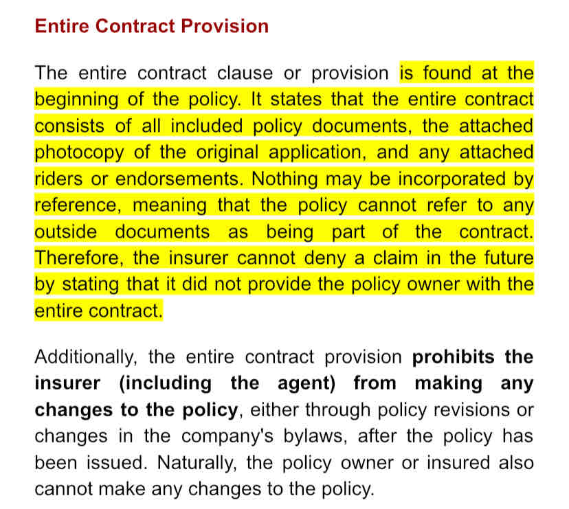 <p>What is the name of the provision which states that a copy of the application must be attached to the policy when issued?</p><ul><li><p>Policy Summary</p></li><li><p>Buyer's Guide</p></li><li><p>Entire Contract</p></li><li><p>﻿﻿Entire Policy</p></li></ul>