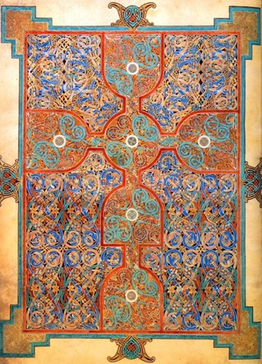 <p>A full-page decorative design in an early medieval manuscript, composed of intricate interlace and ornamental patterns resembling a woven carpet.</p>
