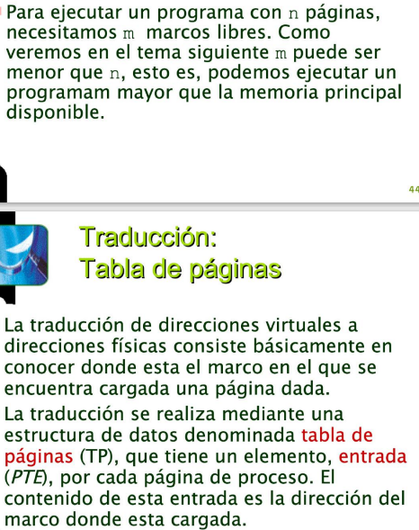 <p>El MMU divide el programa en bloques de igual tamaño<br><em>-Memoria física: Divide en bloques "Marcos de página”<br> -Espacio lógico: Divide en bloques “Paginas”</em><br>Mantiene rastro de los marcos libres</p>
