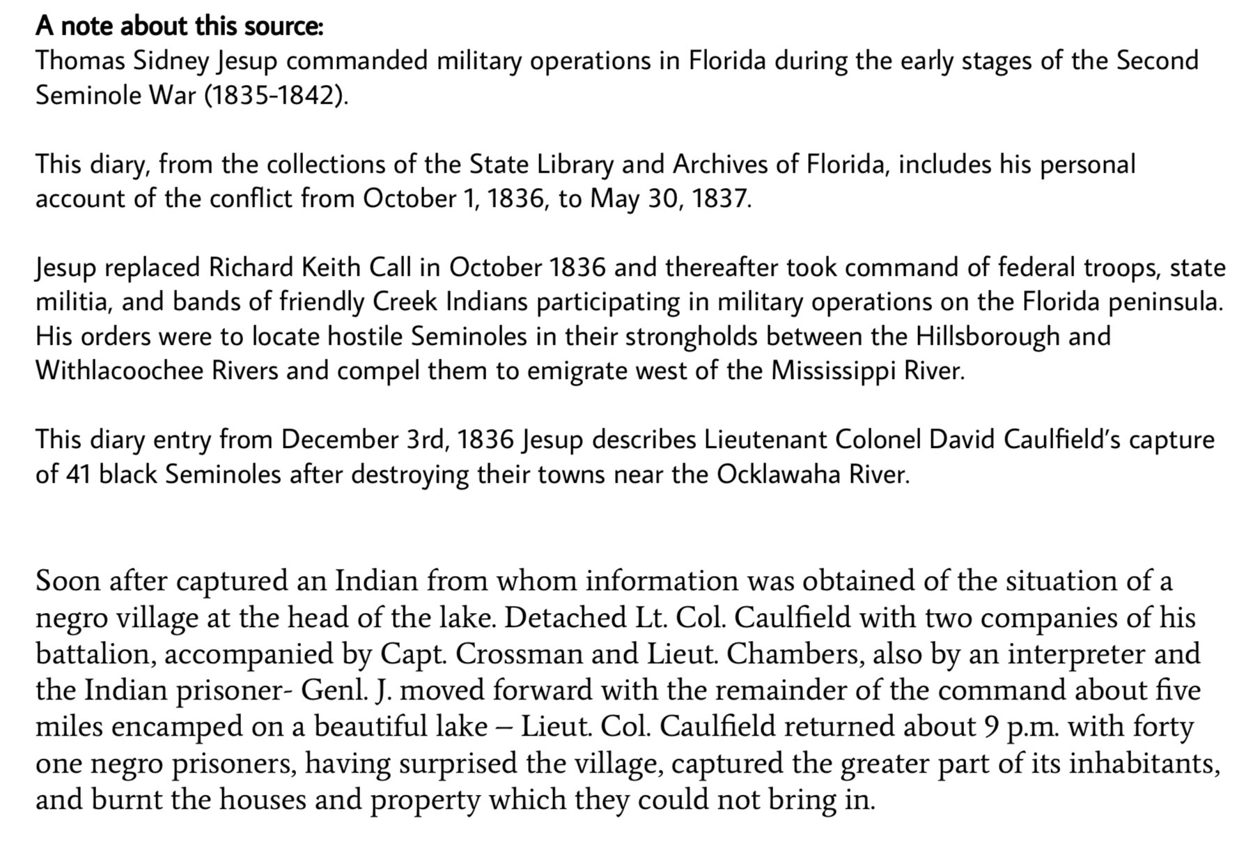 <p>#41 Diary Entry Recounting the Capture of 41 Black Seminoles by Gen. Thomas Sidney Jesup, 1836</p>