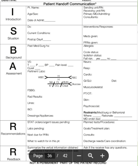 <p>introduction</p><p>situation</p><p>background</p><p>assessment</p><p>recommendations</p><p>readback</p><p><strong>should be specific </strong></p>