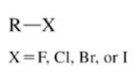 <p>A halogen (F, Cl, Br, I) single bonded to an sp3 hybridized carbon atom of an alkyl group</p>