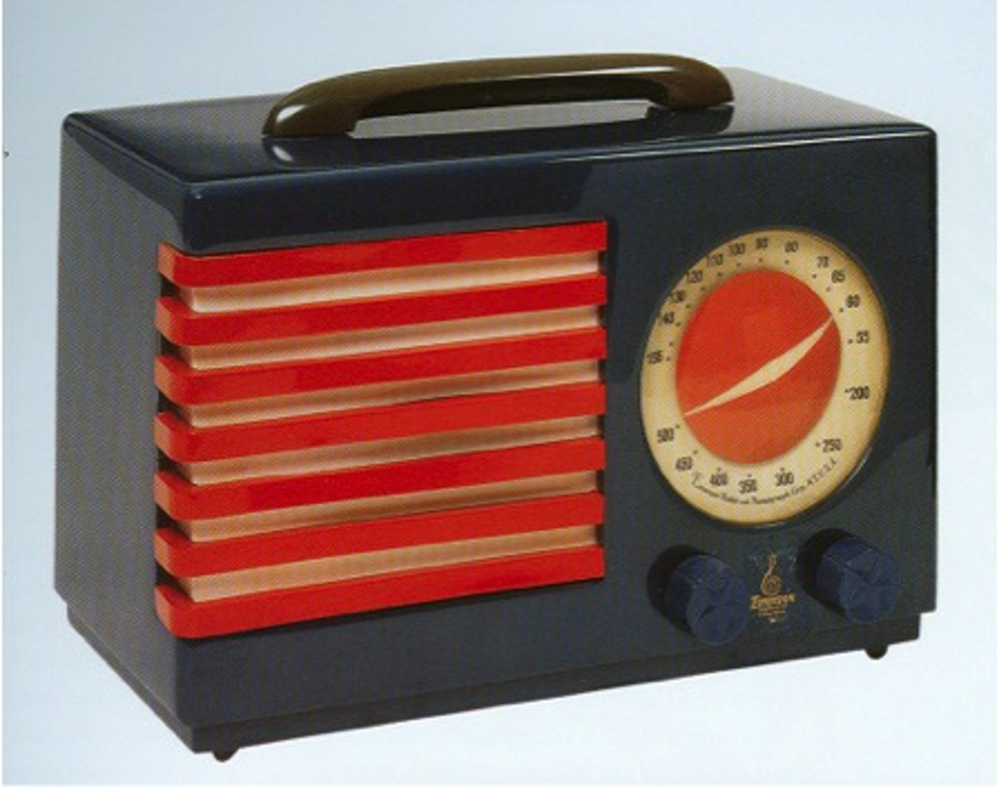 <p>Designed for the Emerson Radio Corporation to commemorate their 50th year in business<br>American flag as inspiration in the design<br>Flag stripes become speed lines</p>