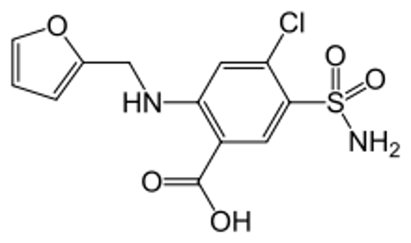 <p><strong>Brand: </strong>Lasix</p><p><strong>Class: </strong>Loop Diuretic<strong> </strong></p><p><strong>MOA:</strong> Prevents sodium and chloride reabsorption in the ascending loop of Henle.</p>