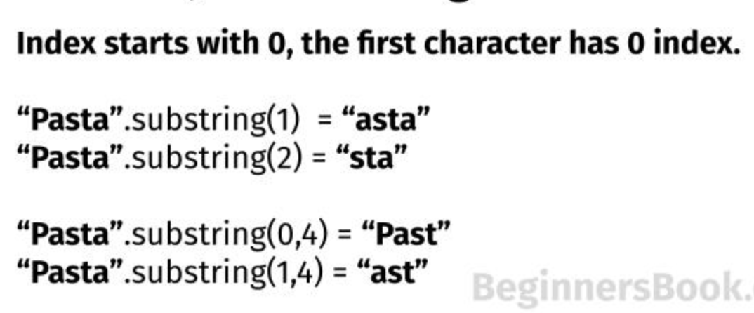 <ul><li><p>(substring s a b): produce a new string consisting of the characters of string s from index a up to, but not including, index b </p></li><li><p>We require 0 ≤ a ≤ b ≤ (string-length s) 11 </p></li><li><p>(substring s a): a convenient shorthand for (substring s a (string-length s)), i.e., the substring from index a to the end of the string</p></li></ul><p></p>